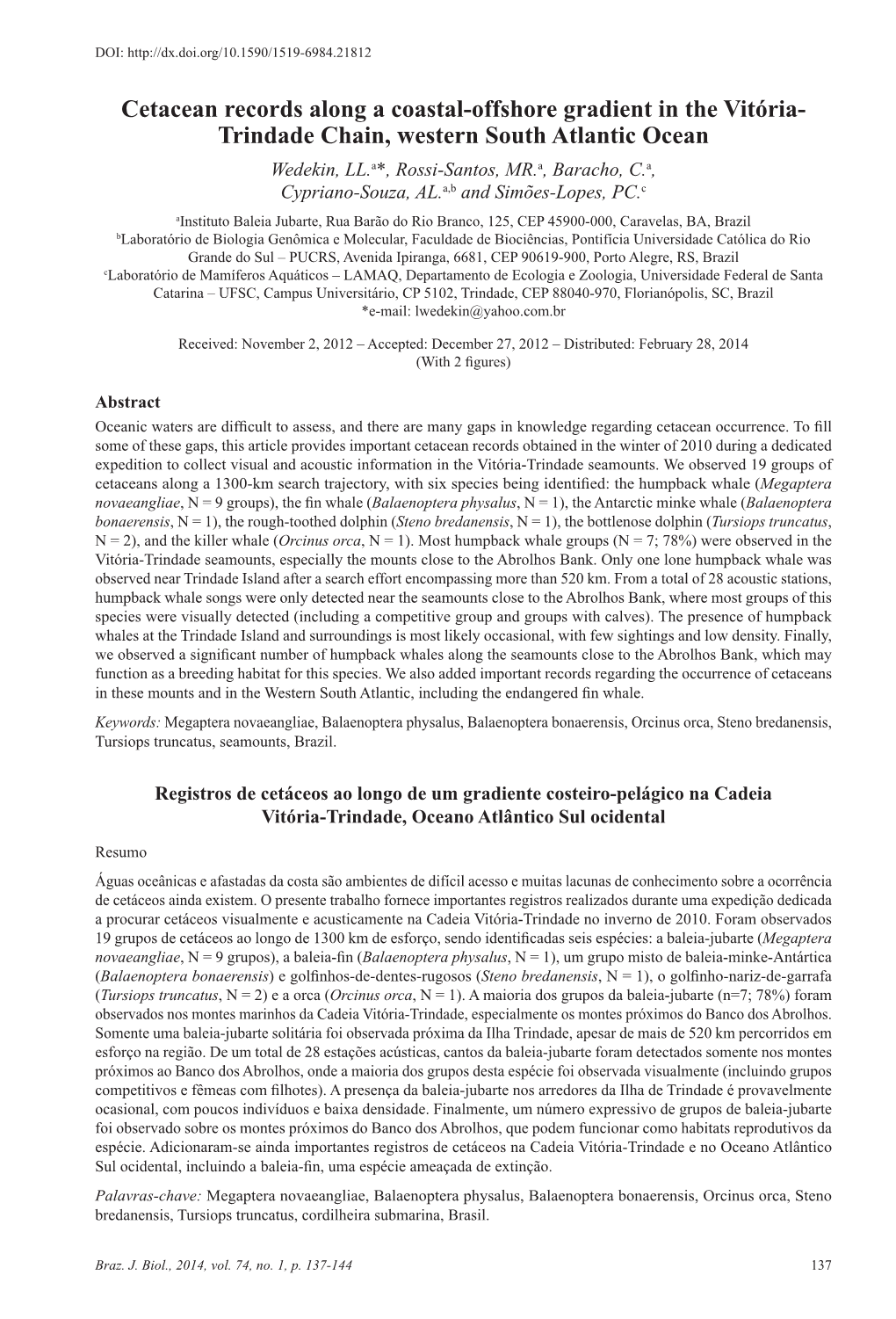 Cetacean Records Along a Coastal-Offshore Gradient in the Vitória