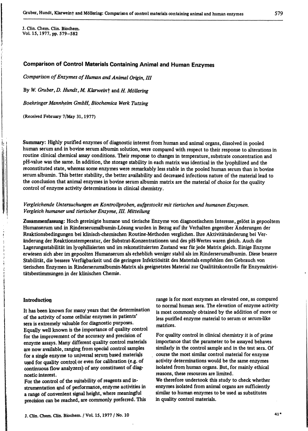 Comparison of Control Materials Containing Animal and Human Enzymes 579