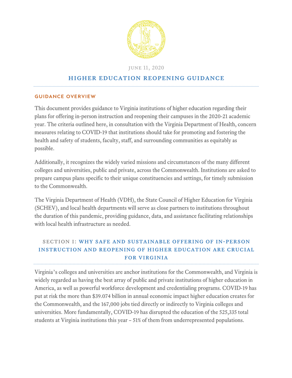 Higher Education Reopening Guidance