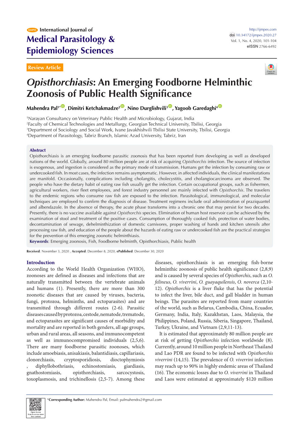 Opisthorchiasis: an Emerging Foodborne Helminthic Zoonosis of Public Health Significance