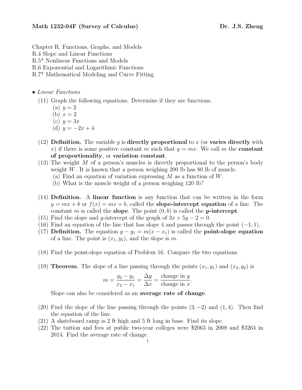 Math 1232-04F (Survey of Calculus) Dr. J.S. Zheng Chapter R. Functions