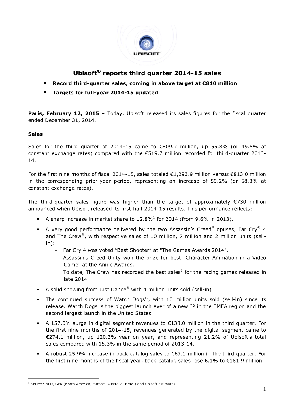 Ubisoft® Reports Third Quarter 2014-15 Sales