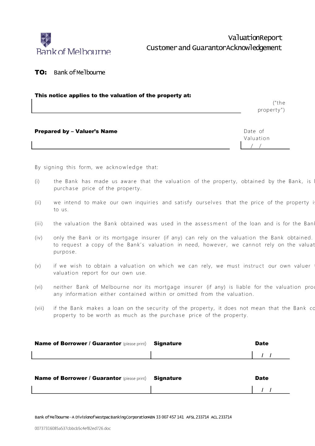 Valuation Report Customer Acknowledgement