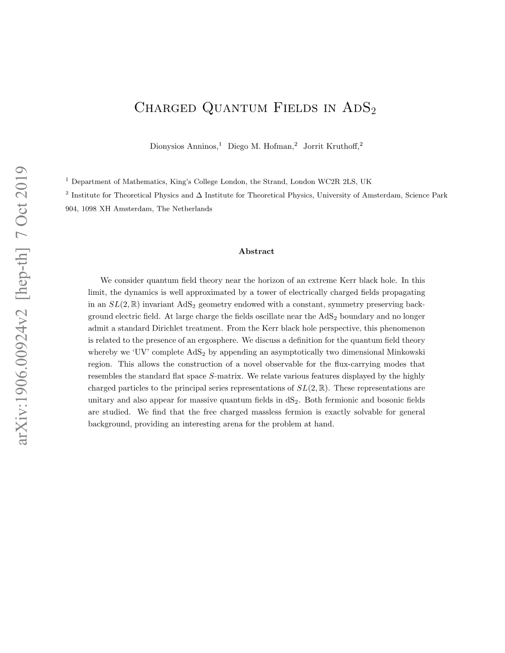 Charged Quantum Fields in Ads2