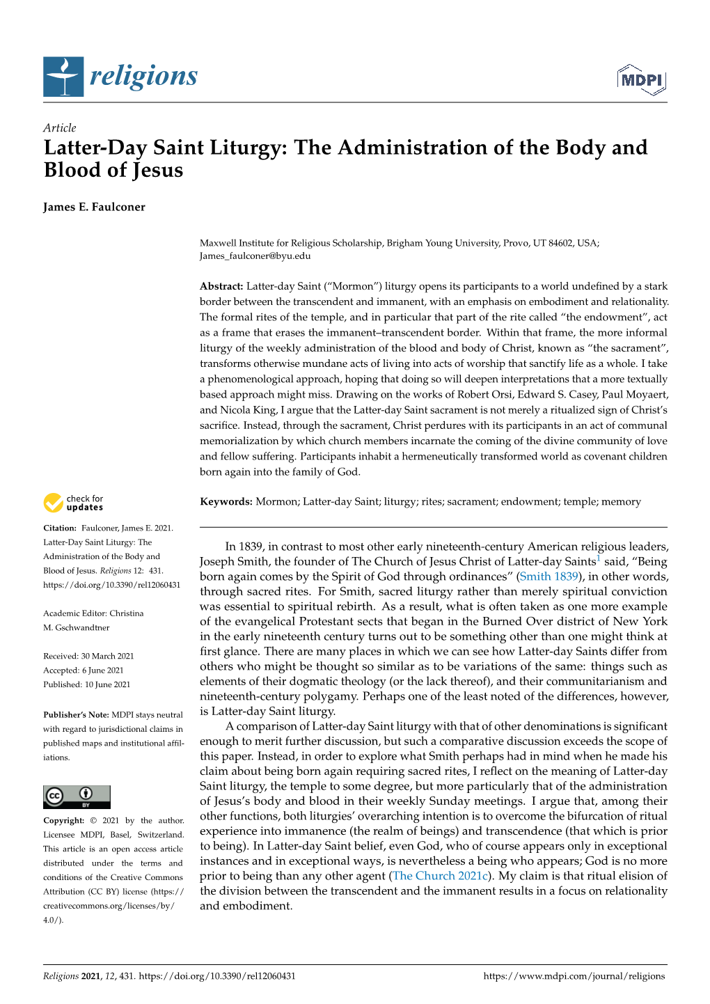 Latter-Day Saint Liturgy: the Administration of the Body and Blood of Jesus