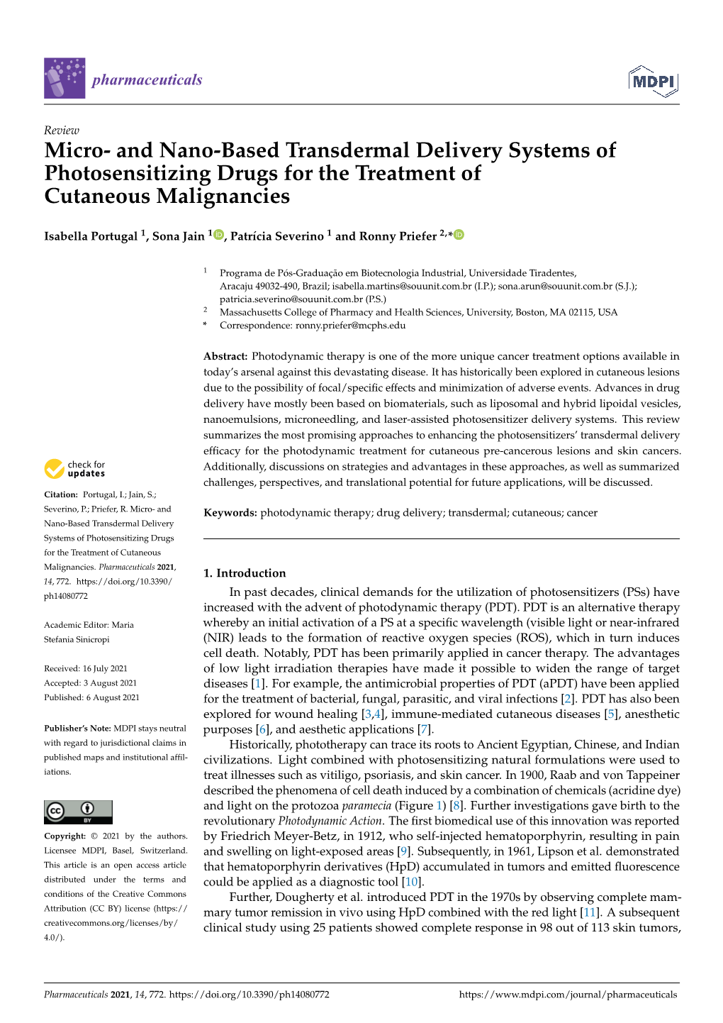 And Nano-Based Transdermal Delivery Systems of Photosensitizing Drugs for the Treatment of Cutaneous Malignancies