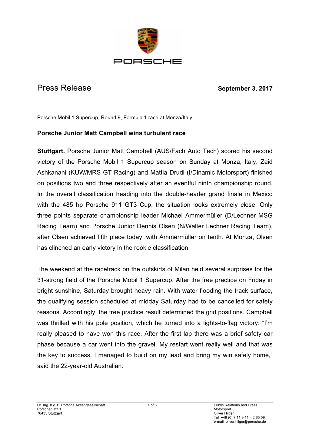 Press Release September 3, 2017