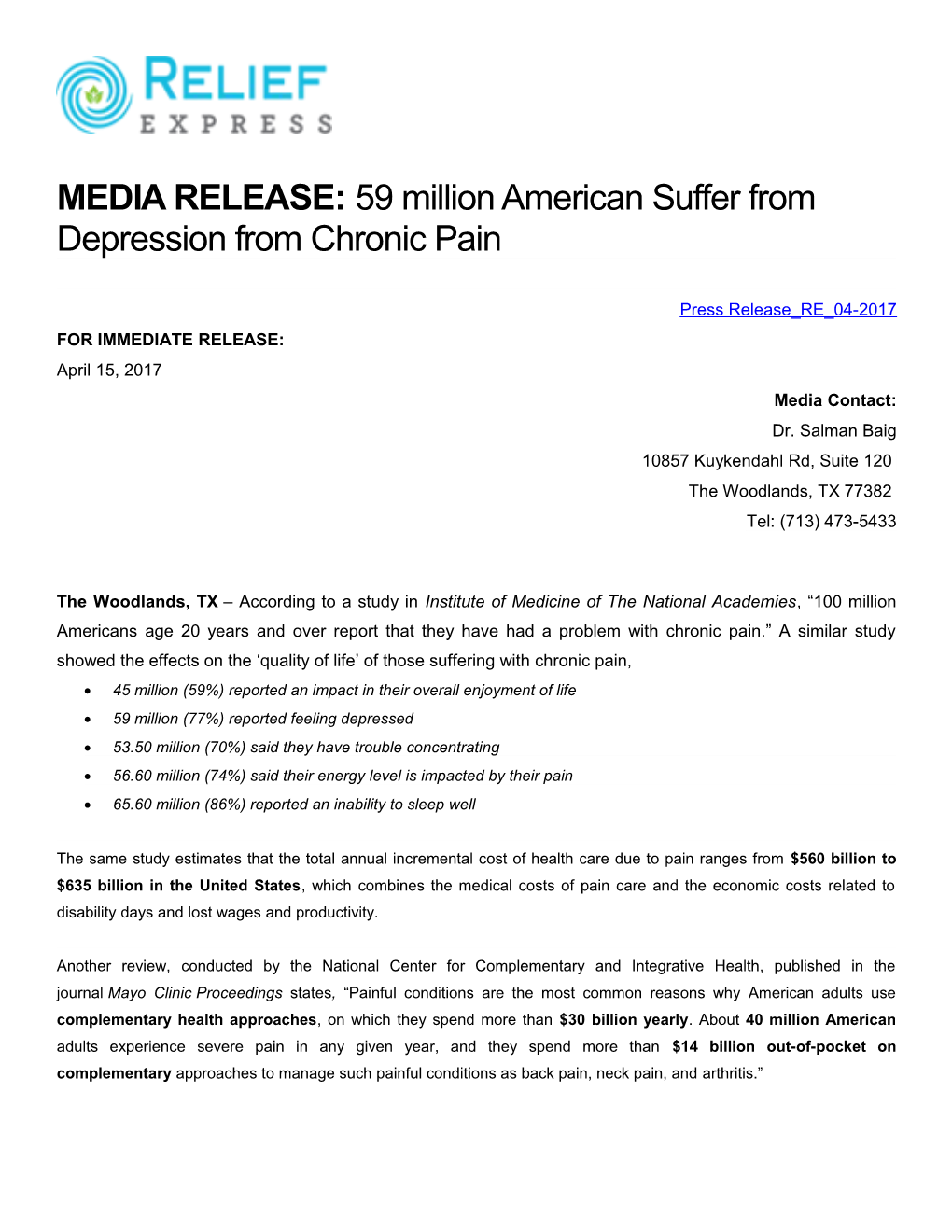 MEDIA RELEASE: 59 Million American Suffer from Depression from Chronic Pain