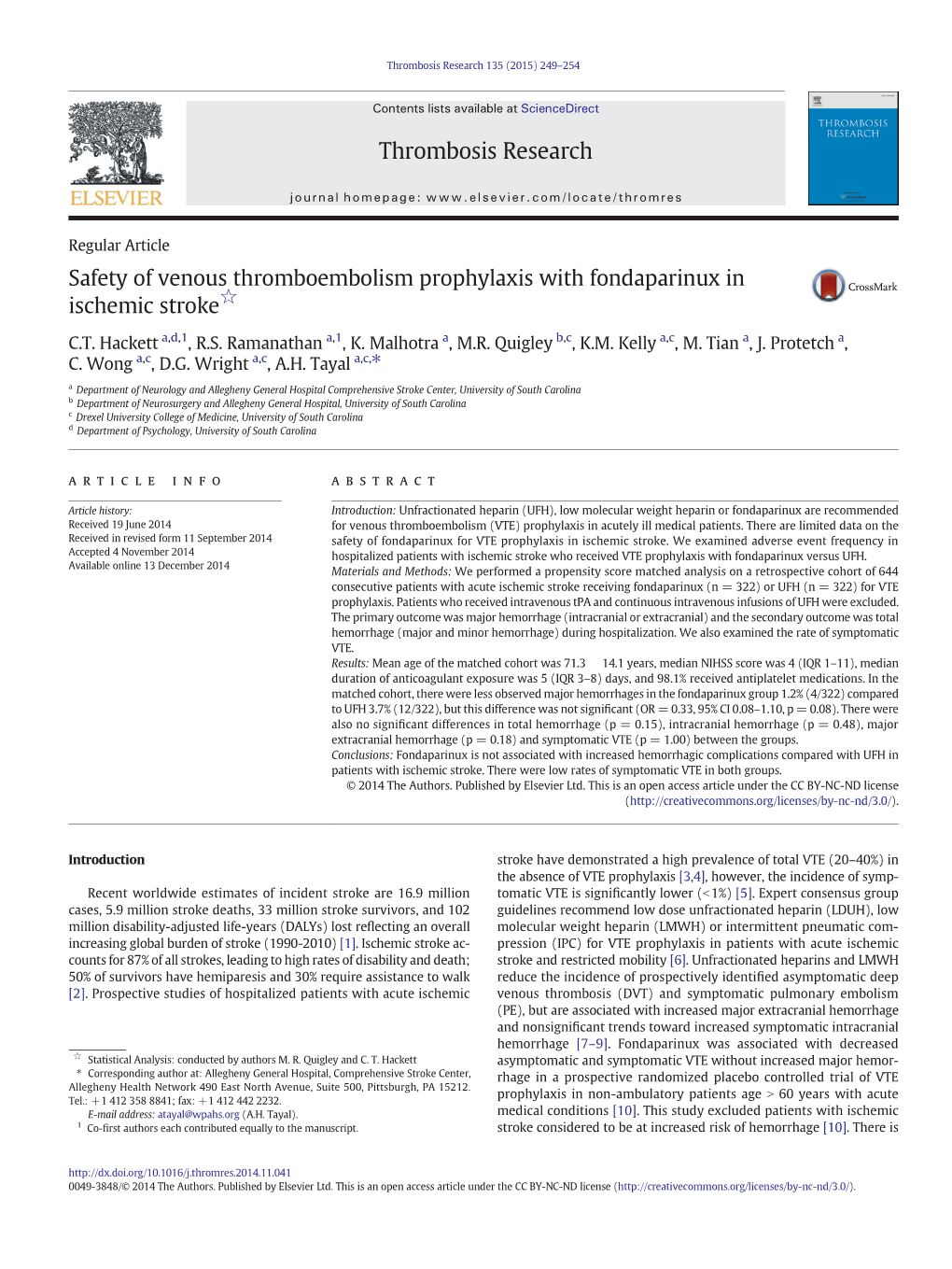 Safety of Venous Thromboembolism Prophylaxis with Fondaparinux in Ischemic Stroke☆