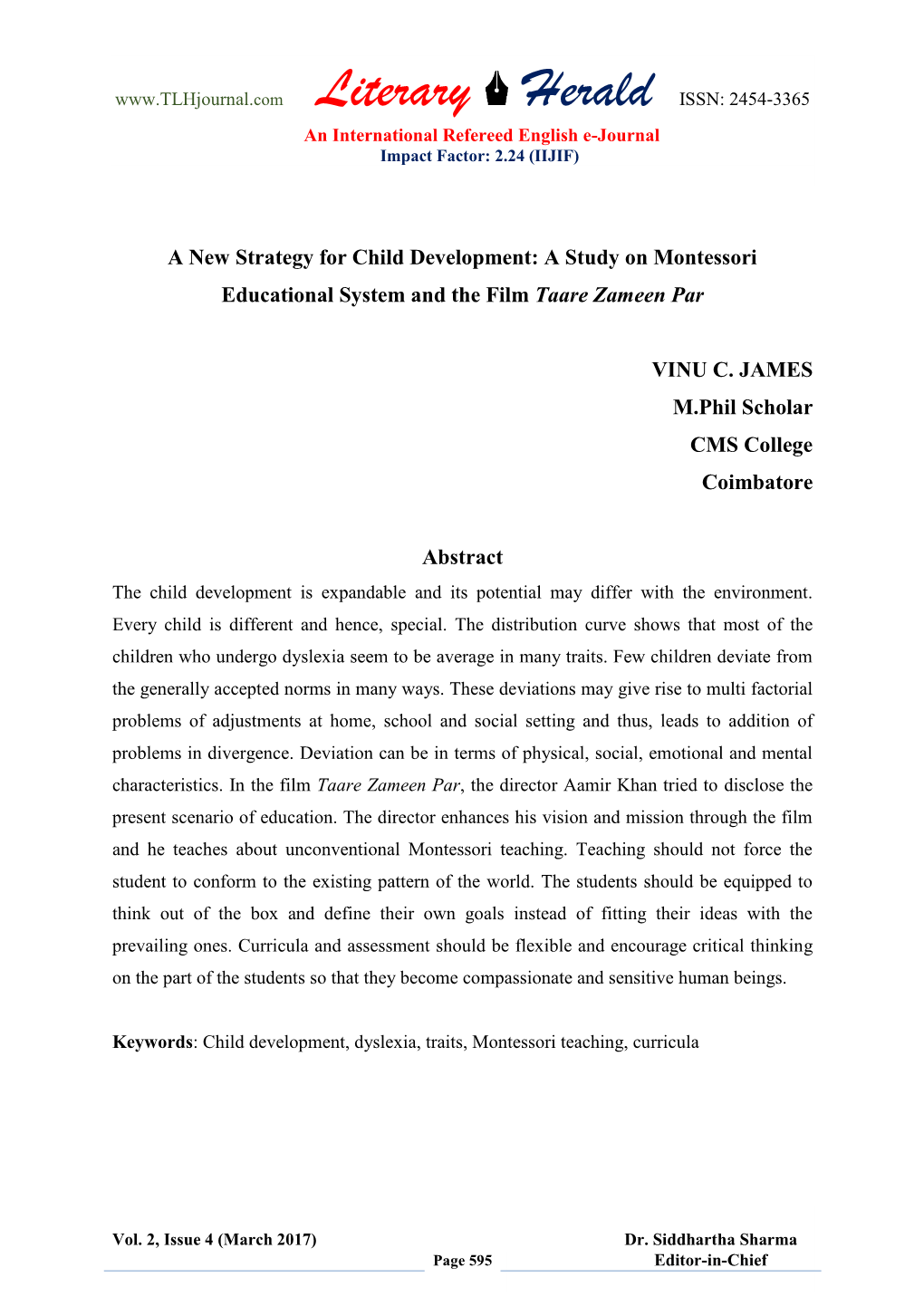 A New Strategy for Child Development: a Study on Montessori Educational System and the Film Taare Zameen Par