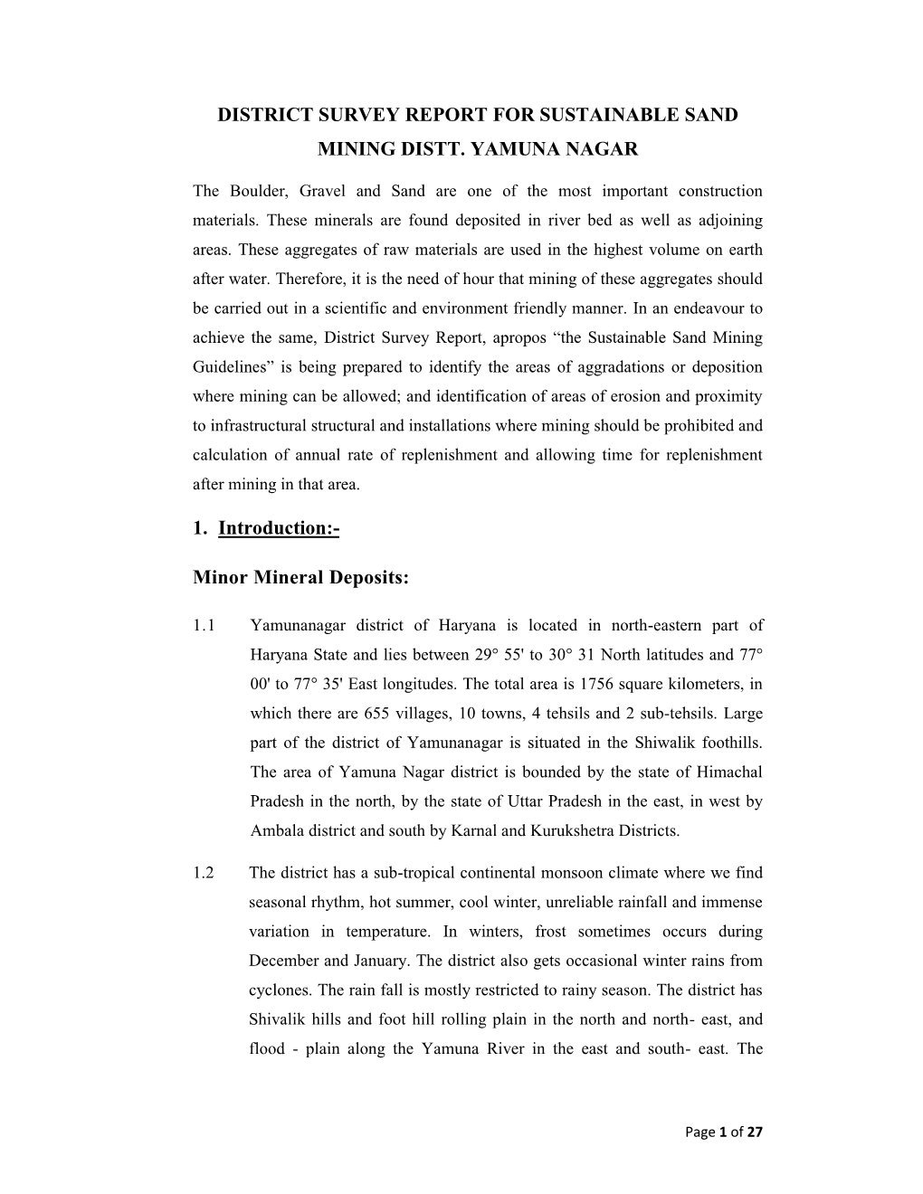 District Survey Report for Sustainable Sand Mining Distt. Yamuna Nagar