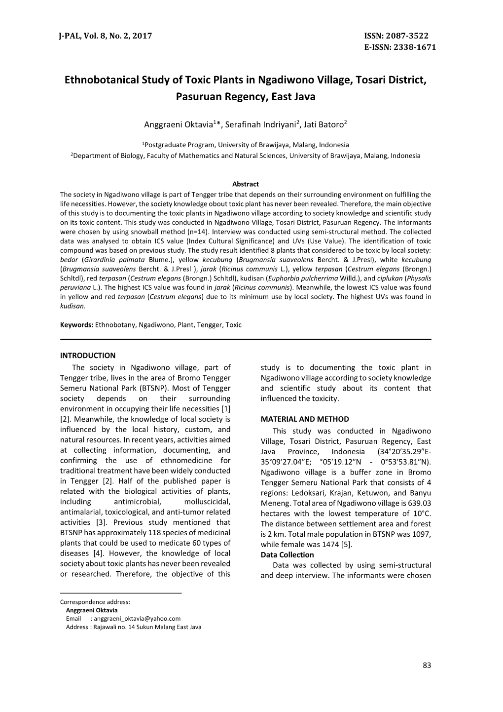 Ethnobotanical Study of Toxic Plants in Ngadiwono Village, Tosari District, Pasuruan Regency, East Java