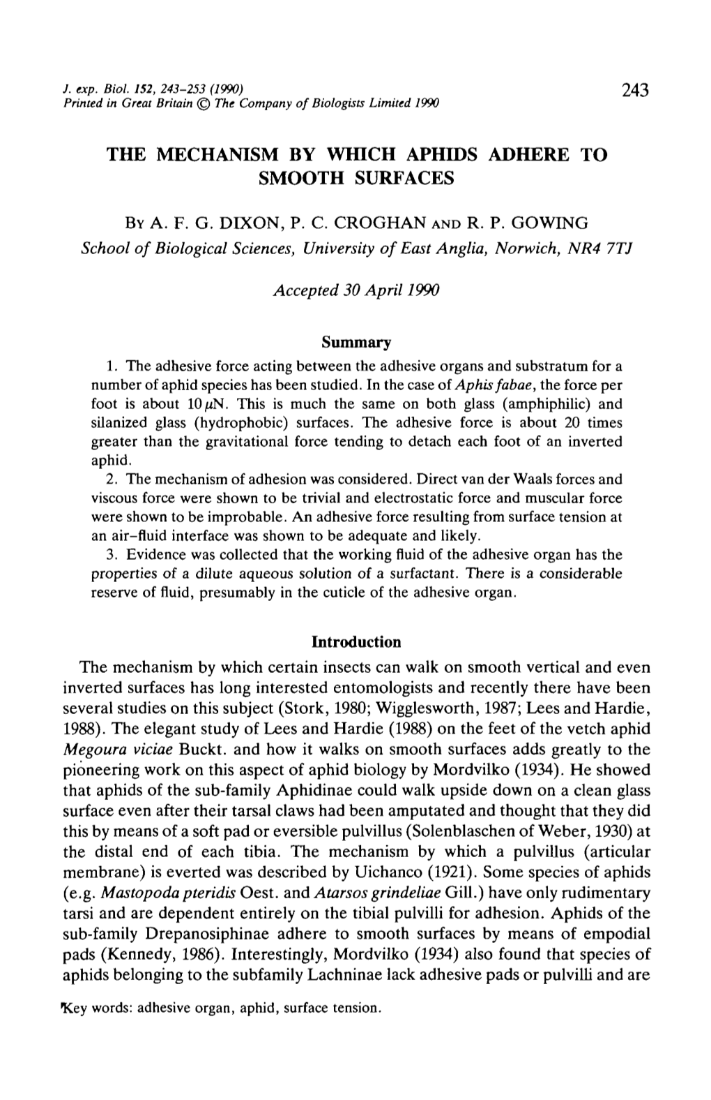 The Mechanism by Which Aphids Adhere to Smooth Surfaces