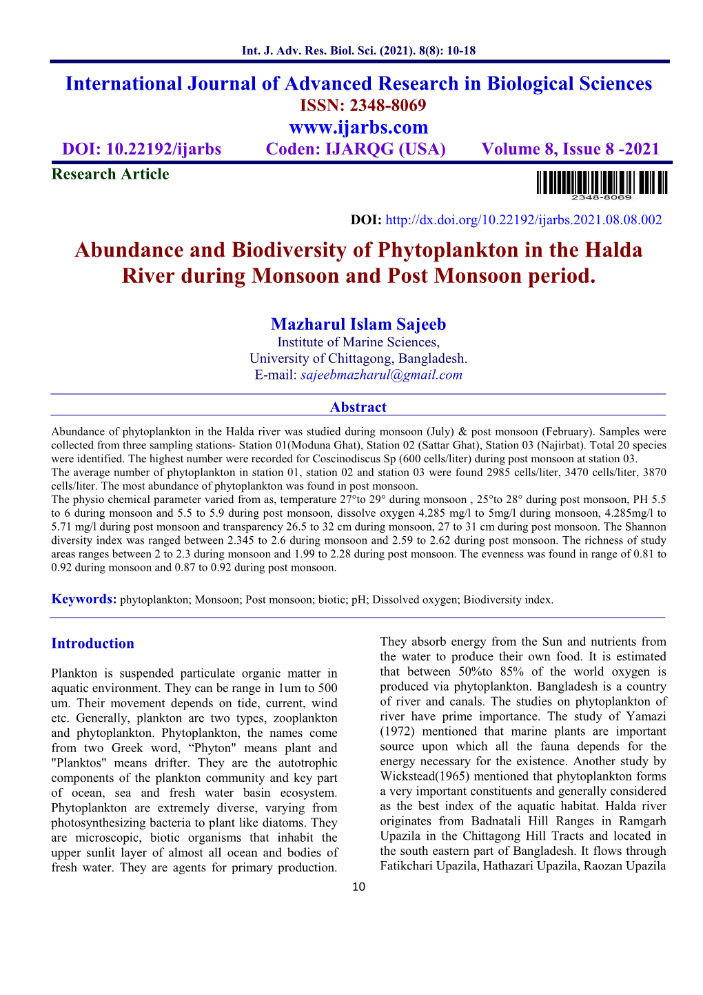 Abundance and Biodiversity of Phytoplankton in the Halda River During Monsoon and Post Monsoon Period