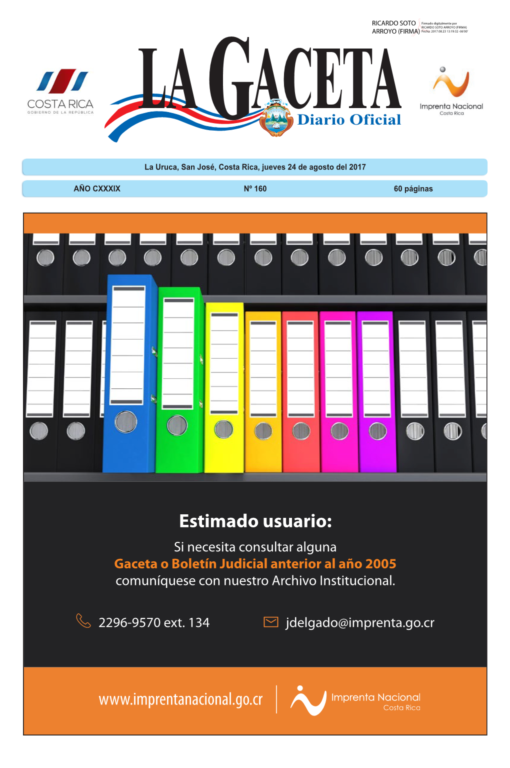 LA GACETA N° 160 De La Fecha 24 08 2017