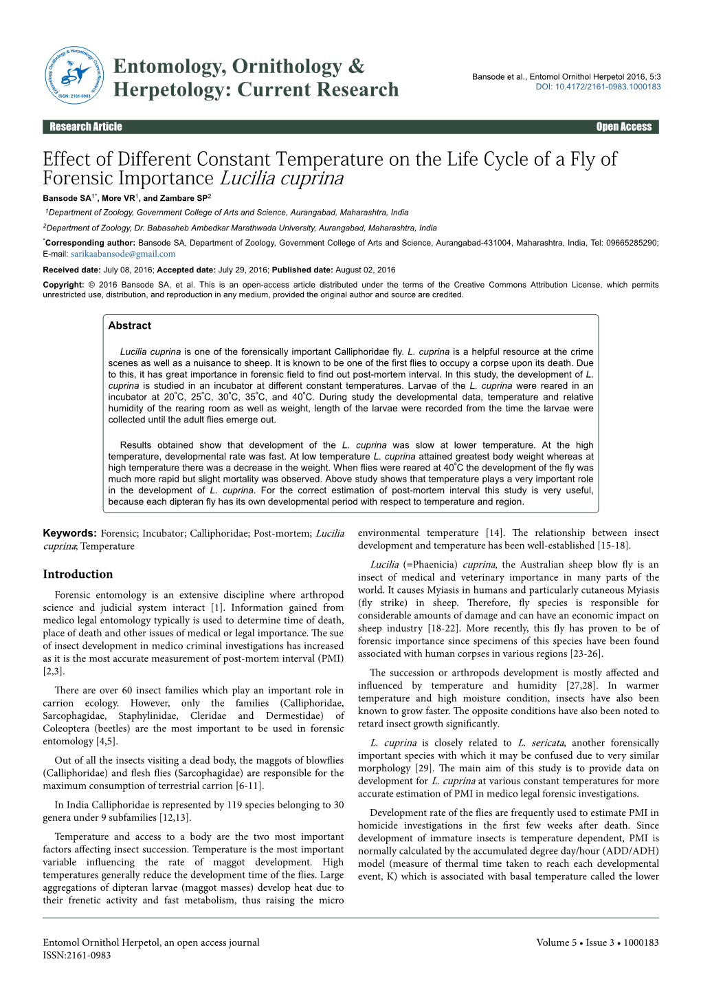 Effect of Different Constant Temperature on the Life Cycle of A