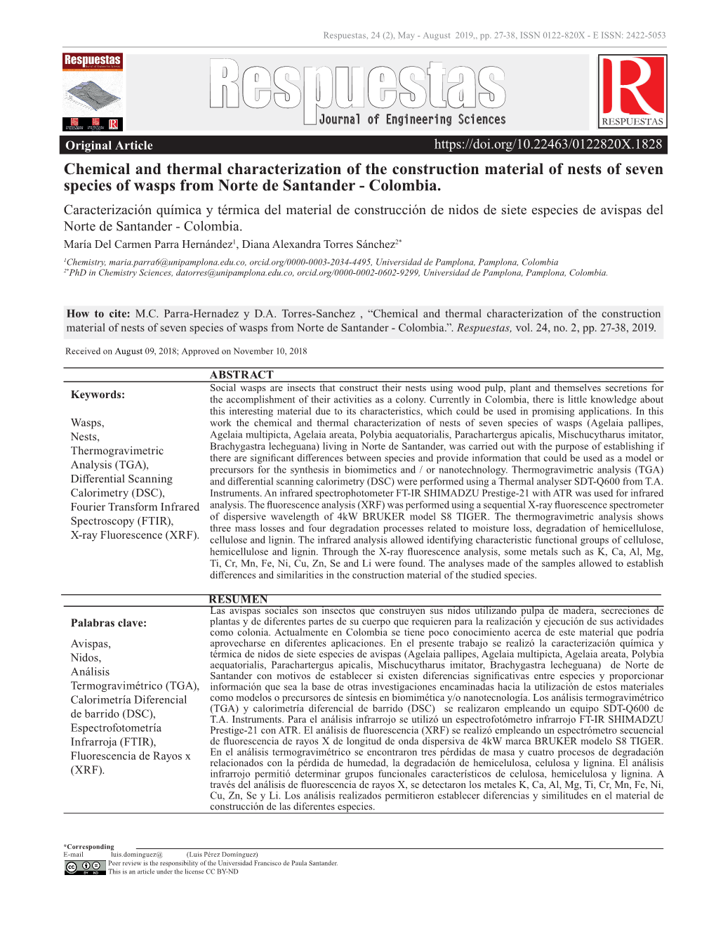 Chemical and Thermal Characterization of the Construction Material of Nests of Seven Species of Wasps from Norte De Santander - Colombia