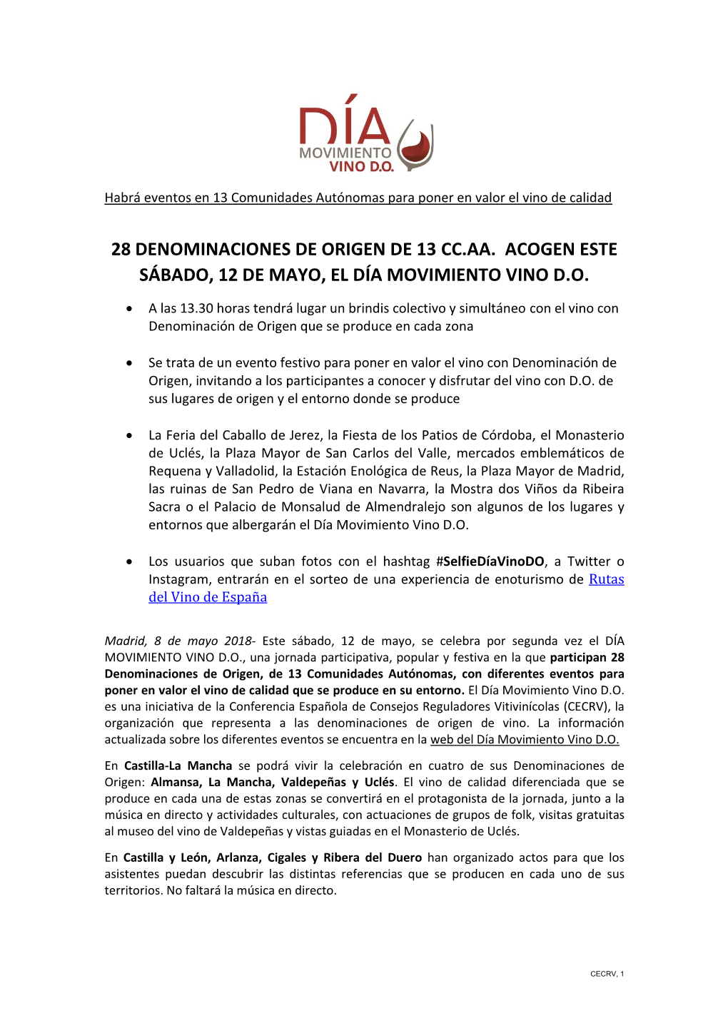 28 Denominaciones De Origen De 13 Cc.Aa. Acogen Este Sábado, 12 De Mayo, El Día Movimiento Vino D.O