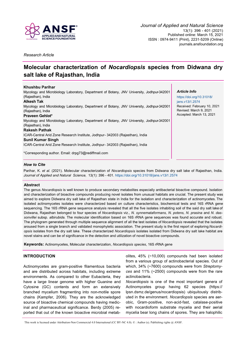 Molecular Characterization of Nocardiopsis Species from Didwana Dry Salt Lake of Rajasthan, India