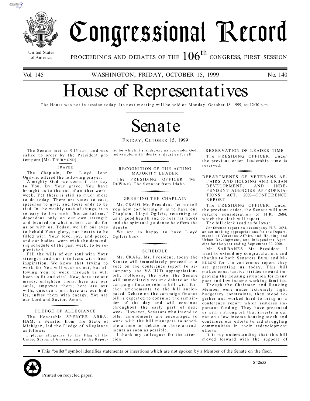 Congressional Record United States Th of America PROCEEDINGS and DEBATES of the 106 CONGRESS, FIRST SESSION