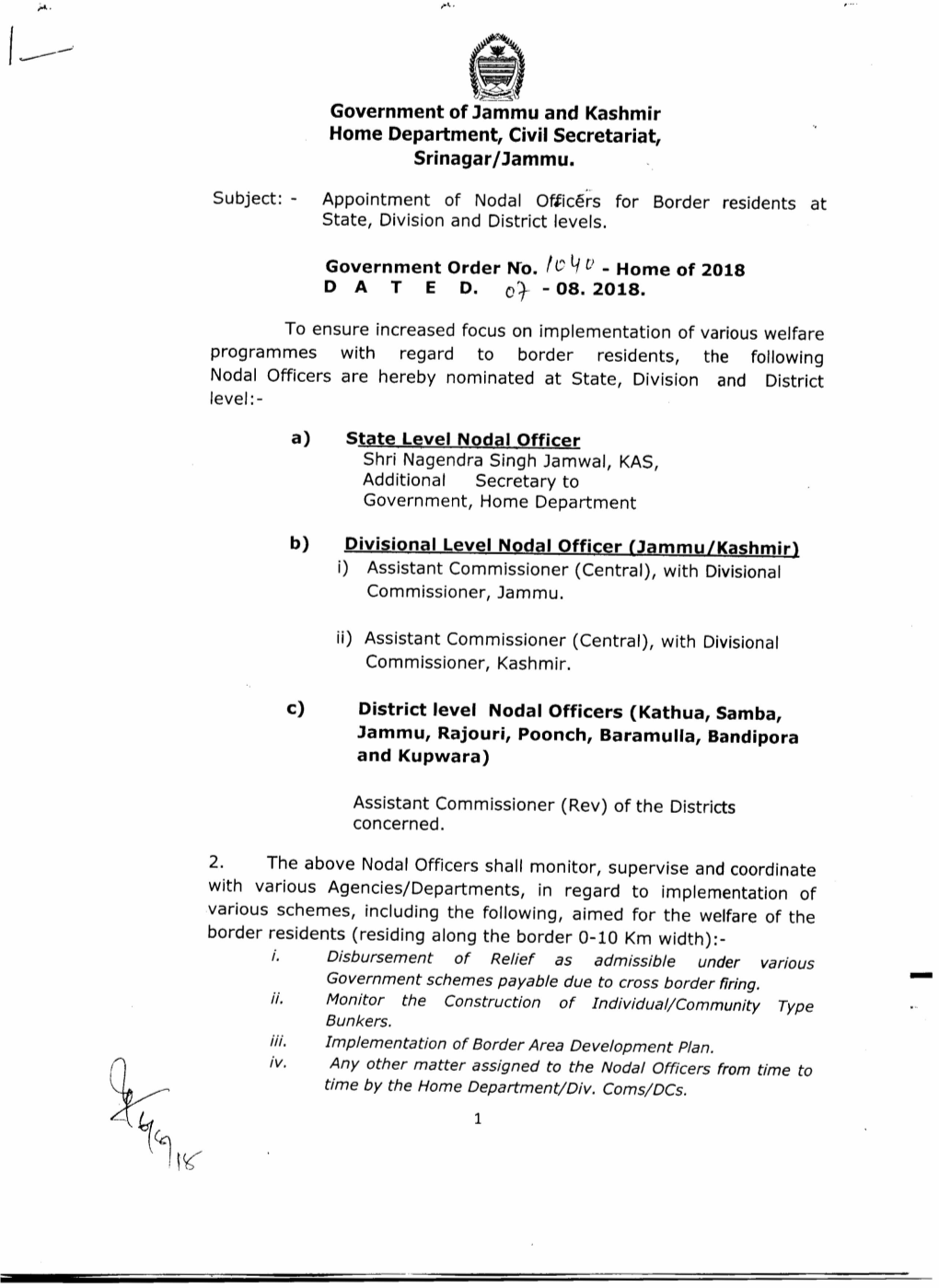 Appointment of Nodal Officers for Border Residents at State, Division