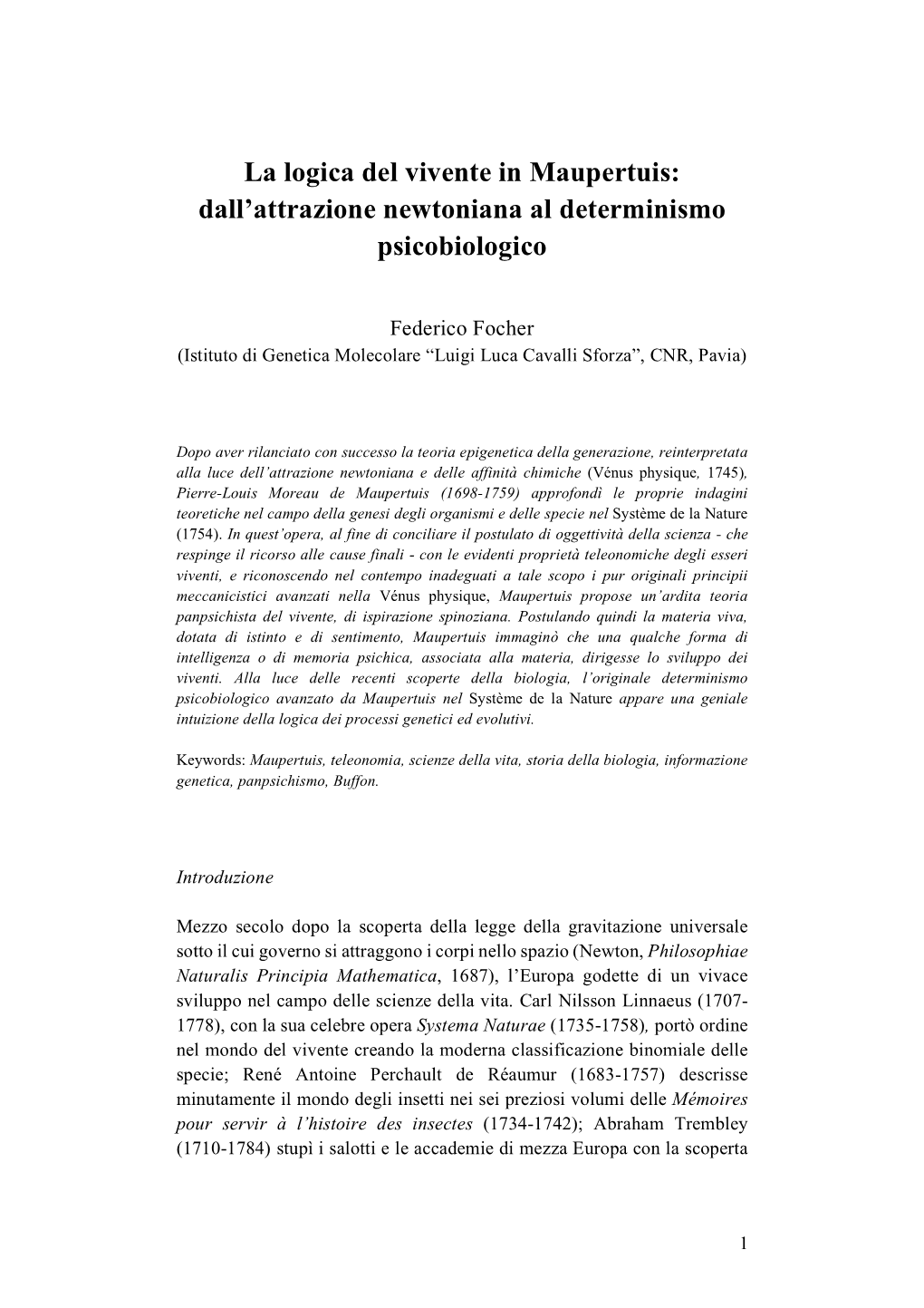 La Logica Del Vivente in Maupertuis: Dall’Attrazione Newtoniana Al Determinismo Psicobiologico