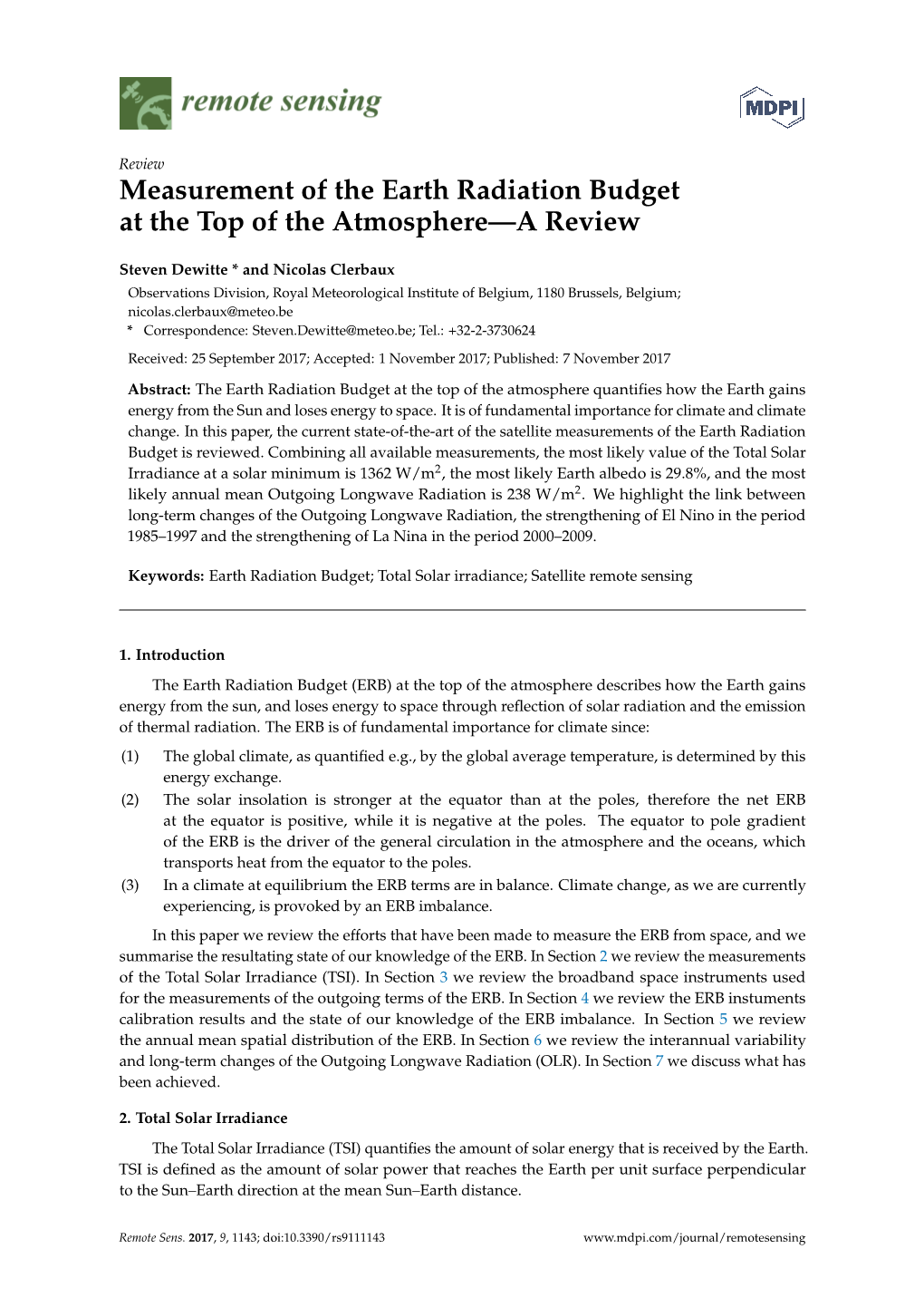 Measurement of the Earth Radiation Budget at the Top of the Atmosphere—A Review