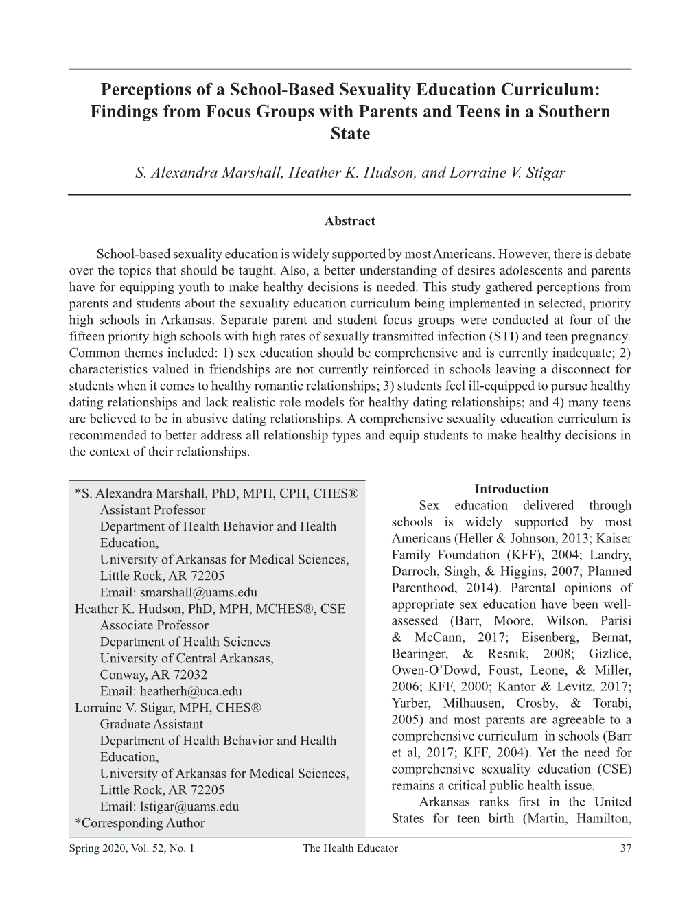 Perceptions of a School-Based Sexuality Education Curriculum: Findings from Focus Groups with Parents and Teens in a Southern State