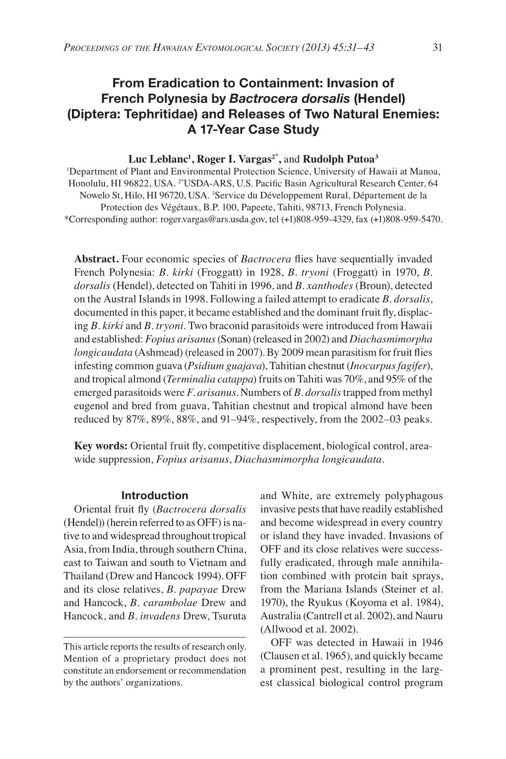 Invasion of French Polynesia by Bactrocera Dorsalis (Hendel) (Diptera: Tephritidae) and Releases of Two Natural Enemies: a 17-Year Case Study