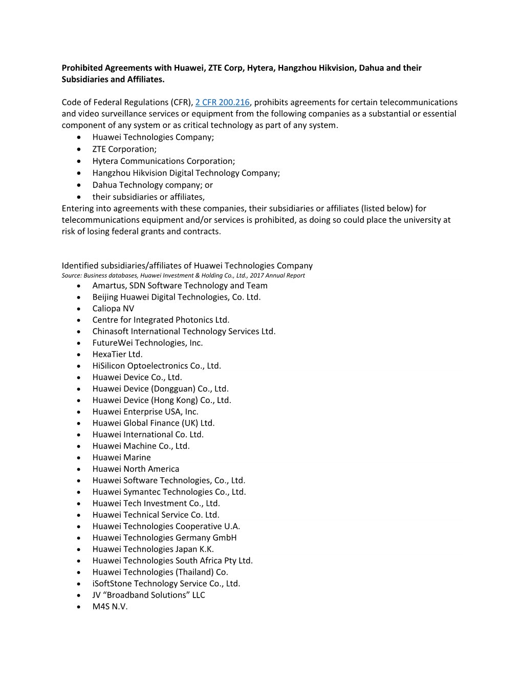 Prohibited Agreements with Huawei, ZTE Corp, Hytera, Hangzhou Hikvision, Dahua and Their Subsidiaries and Affiliates