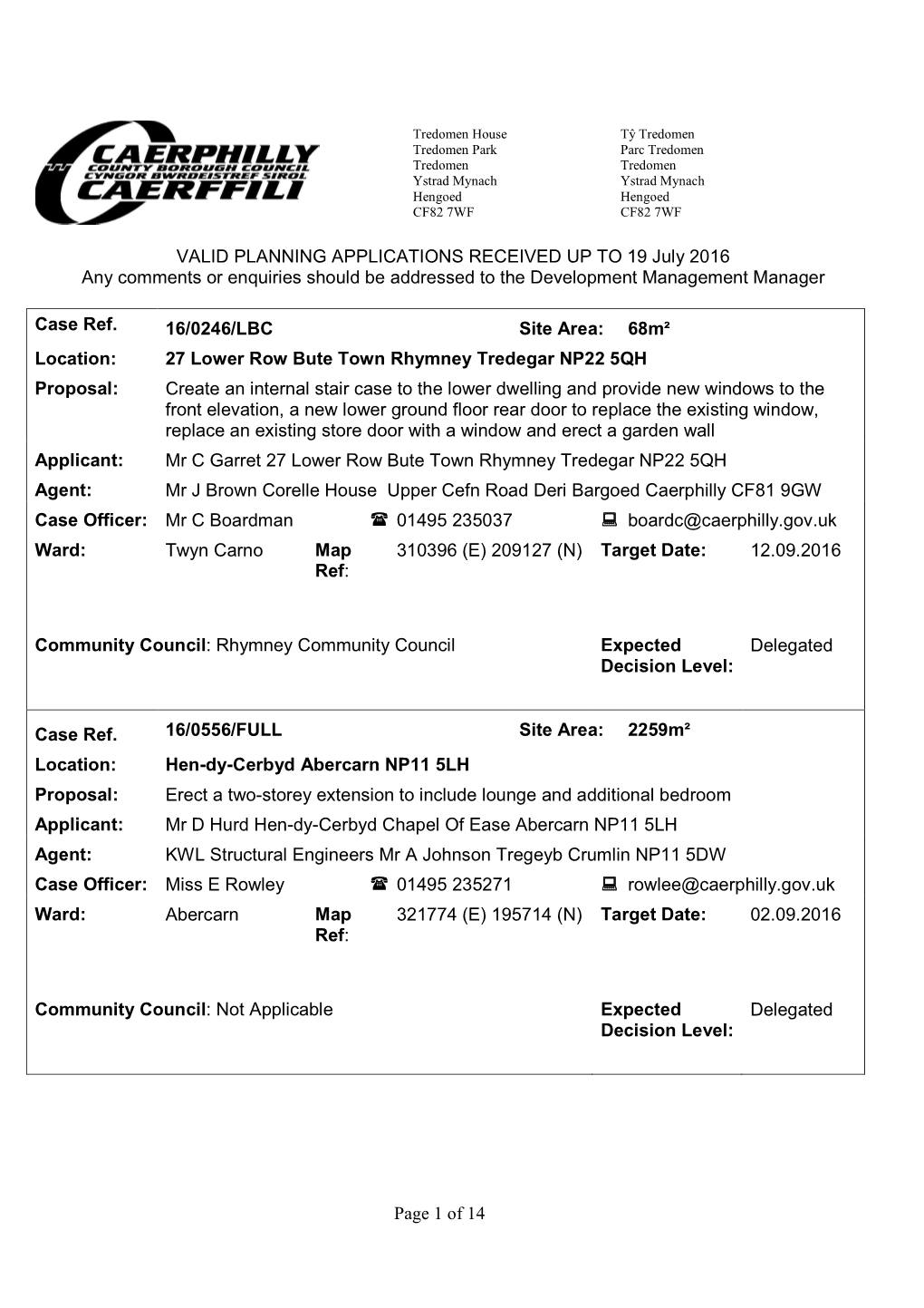 Page 1 of 14 VALID PLANNING APPLICATIONS RECEIVED up TO