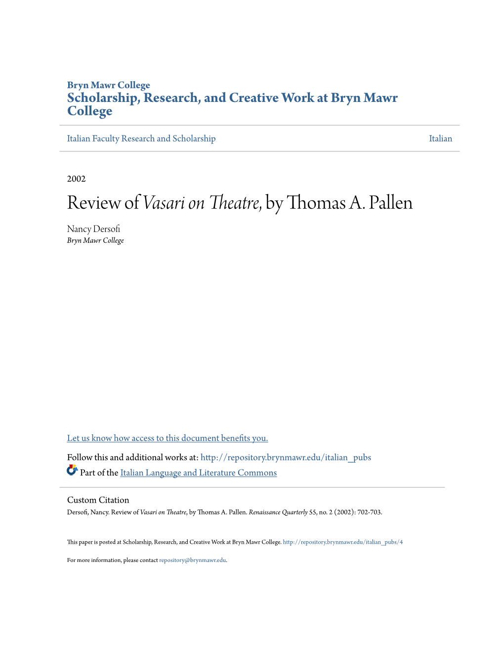 Review of Vasari on Theatre, by Thomas A. Pallen Nancy Dersofi Bryn Mawr College