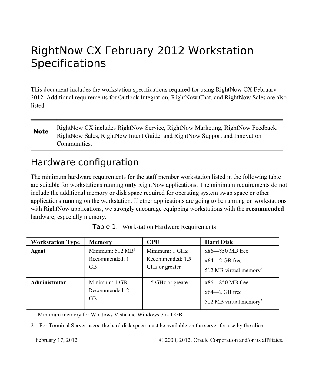 Rightnow CX February 2012 Workstation Specifications