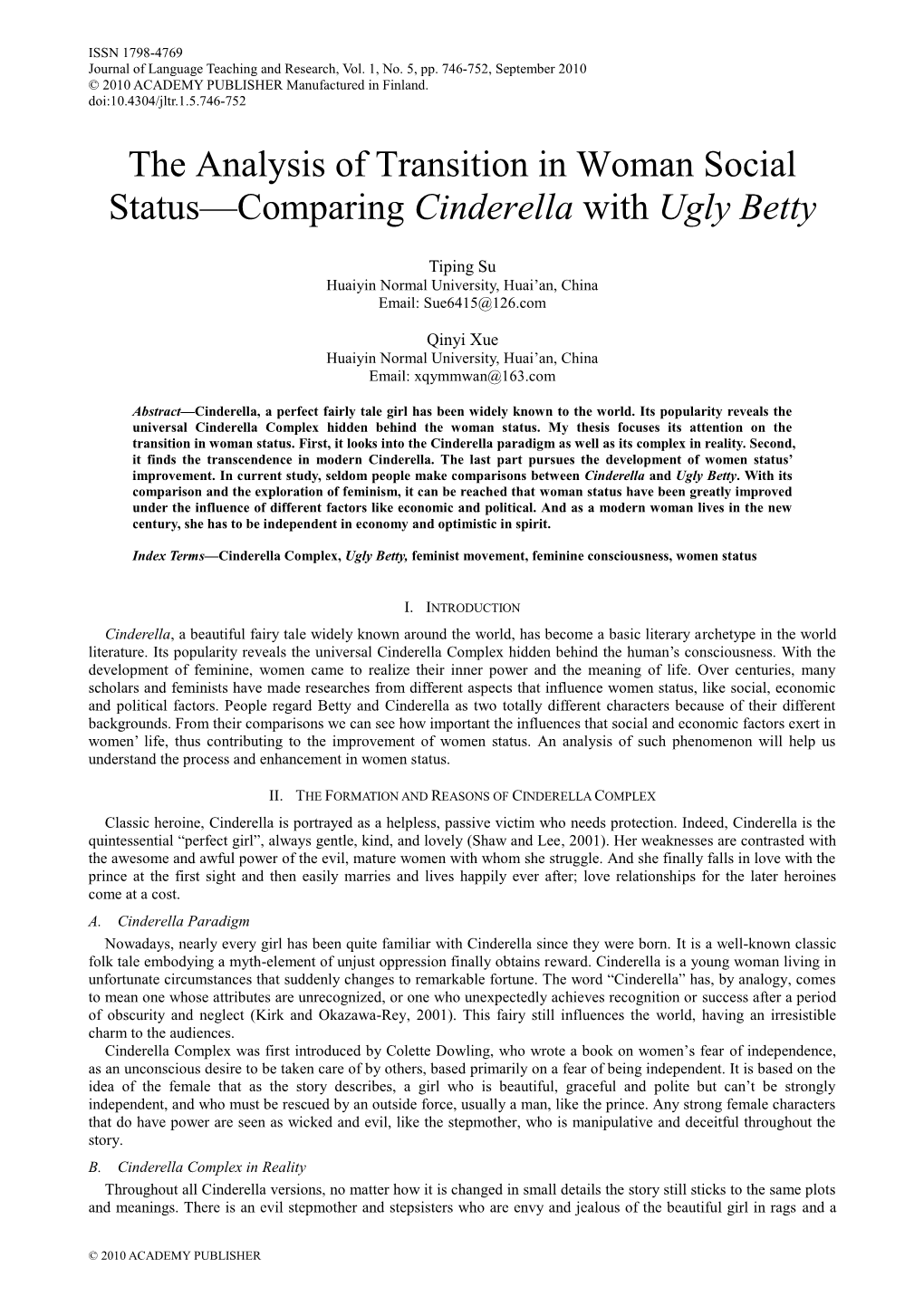 The Analysis of Transition in Woman Social Status—Comparing Cinderella with Ugly Betty