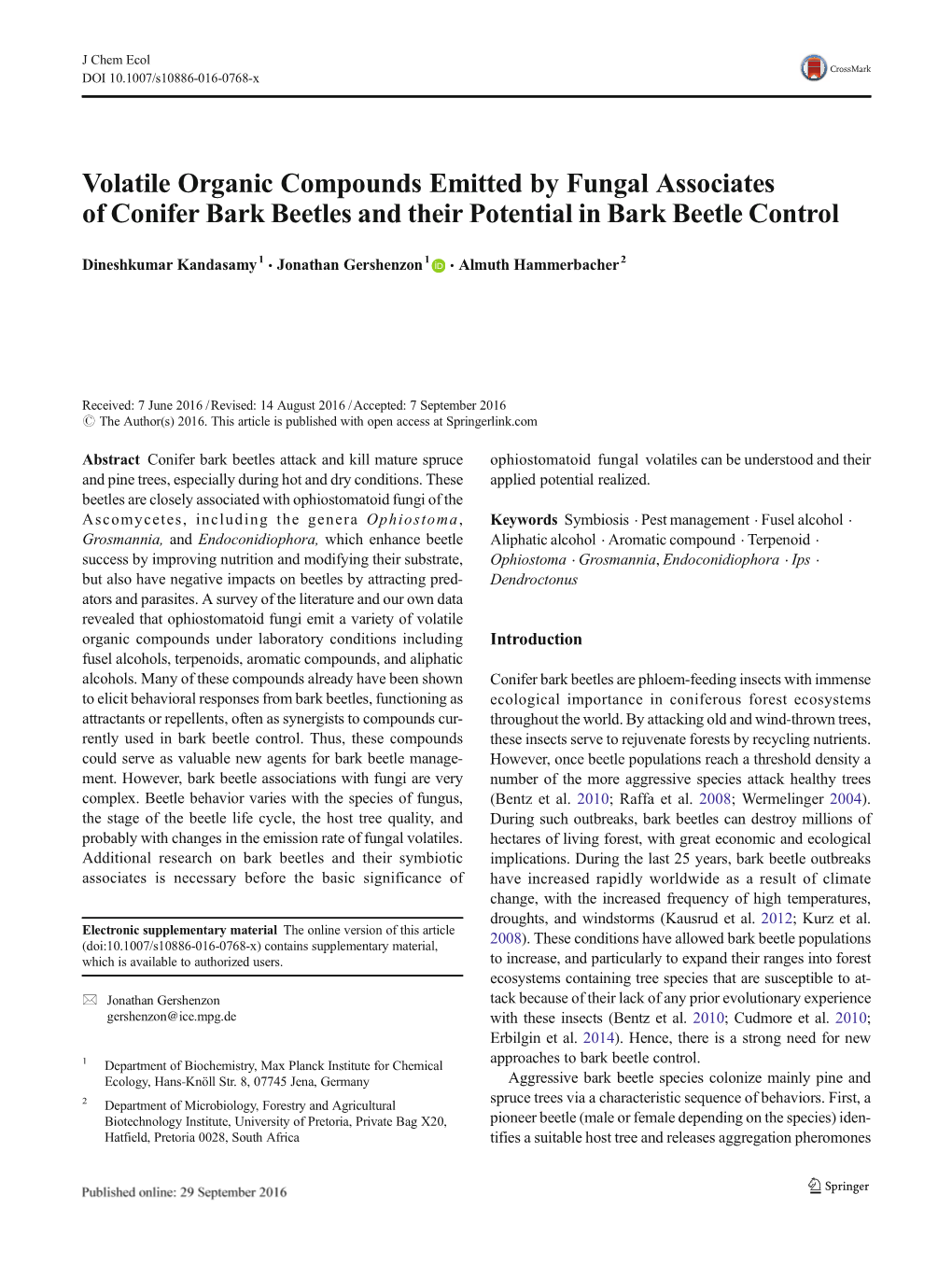 Volatile Organic Compounds Emitted by Fungal Associates of Conifer Bark Beetles and Their Potential in Bark Beetle Control