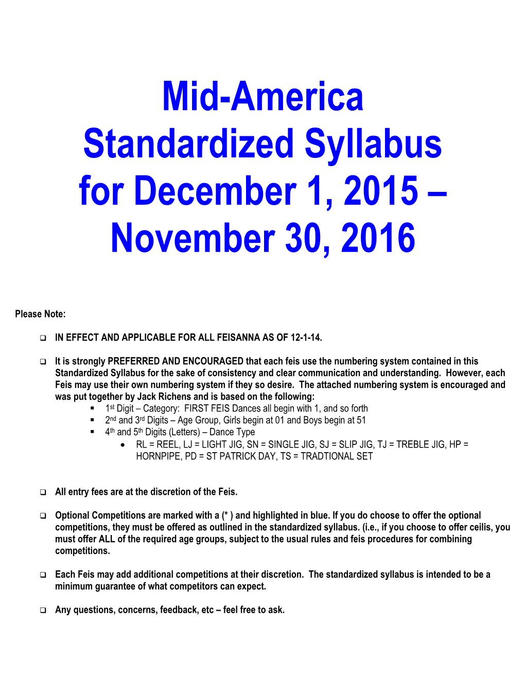 Mid-America Standardized Syllabus for December 1, 2015 – November 30, 2016
