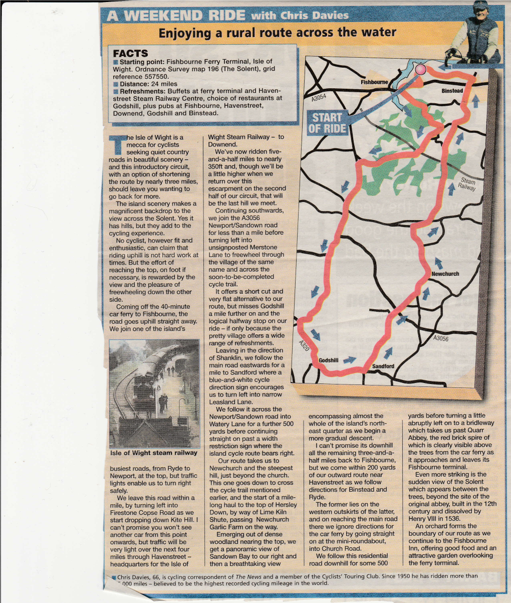 Enjoying a Rural Route Across the Water FACTS EE Starting Point: Fishbourne Ferry Terminal, Lsle of Wight