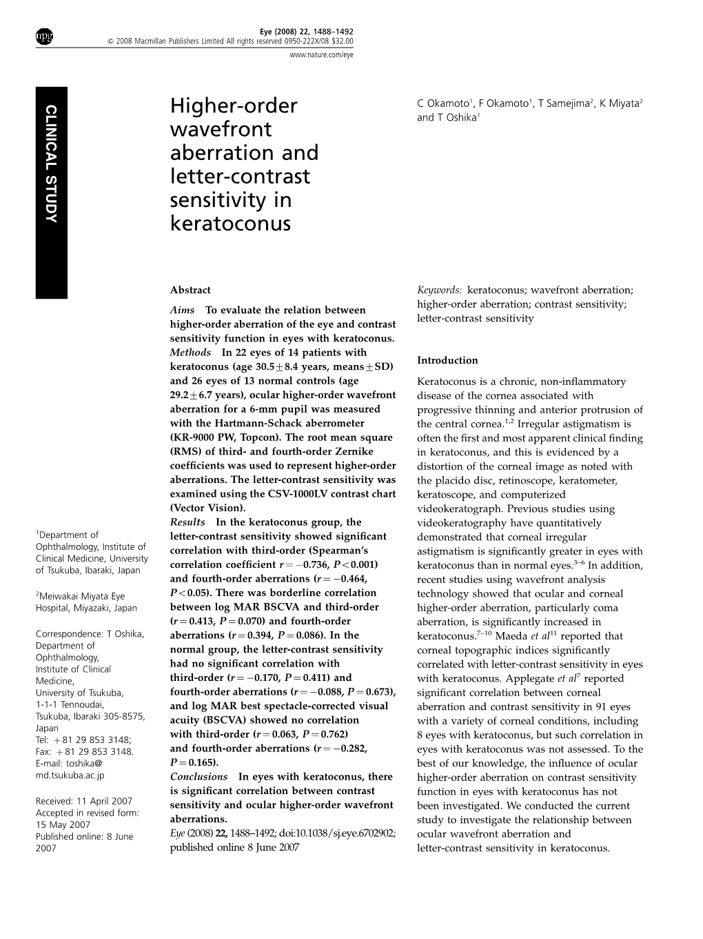 Higher-Order Wavefront Aberration and Letter-Contrast Sensitivity In