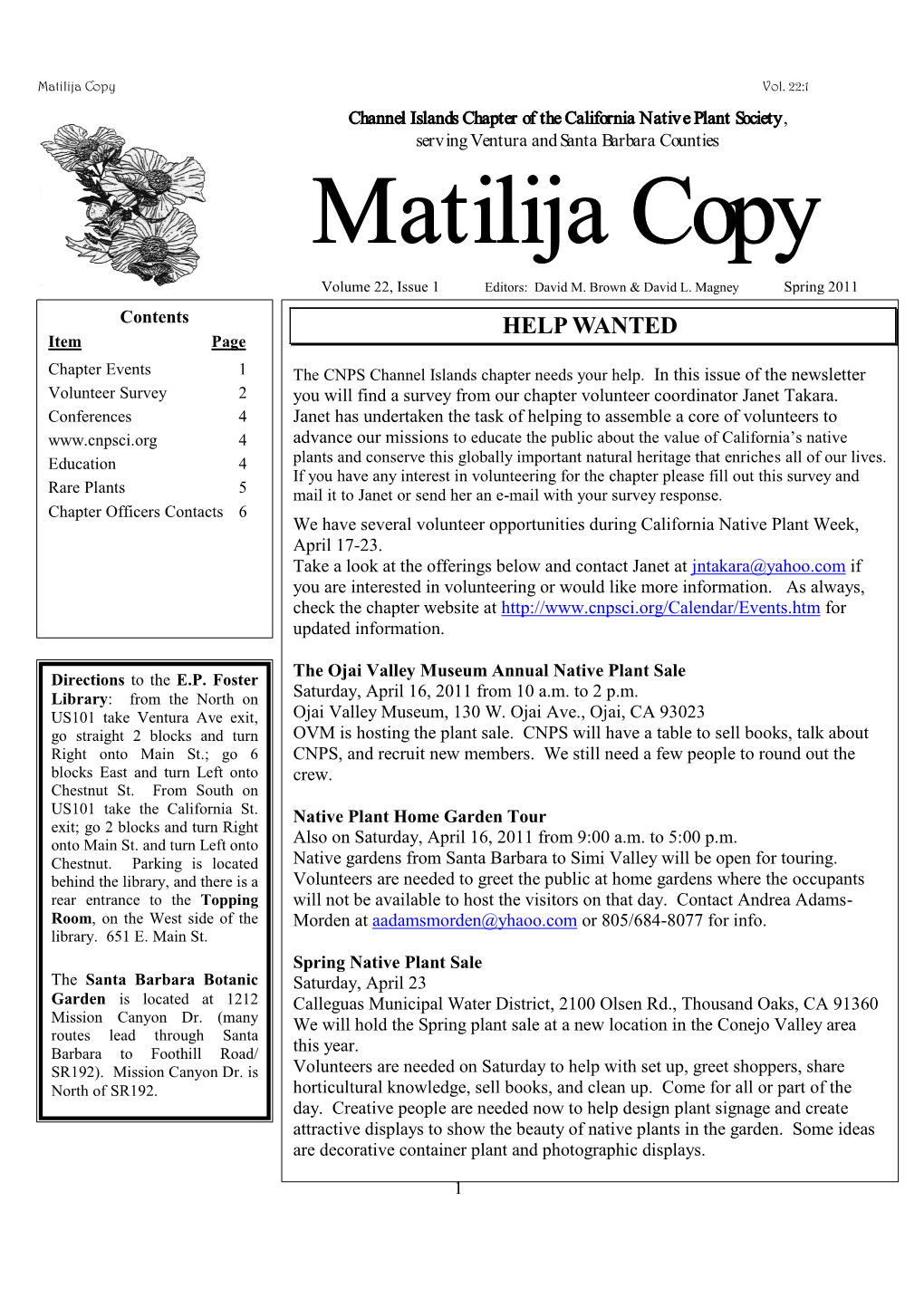 Matilija Copy Vol. 22, Issue 1