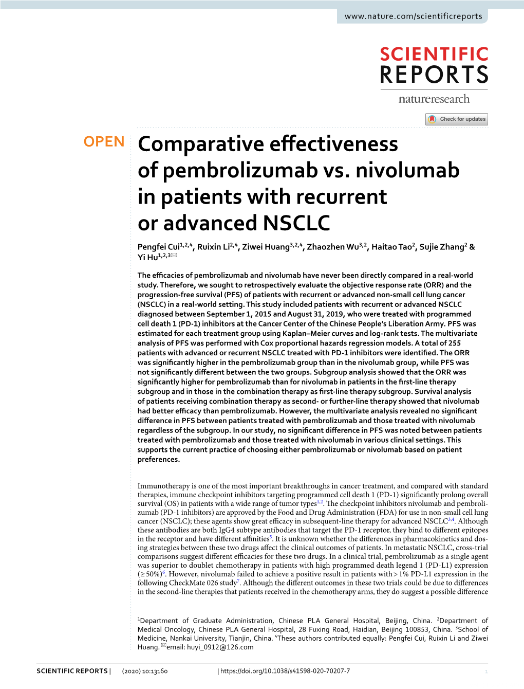 Comparative Effectiveness of Pembrolizumab Vs. Nivolumab In