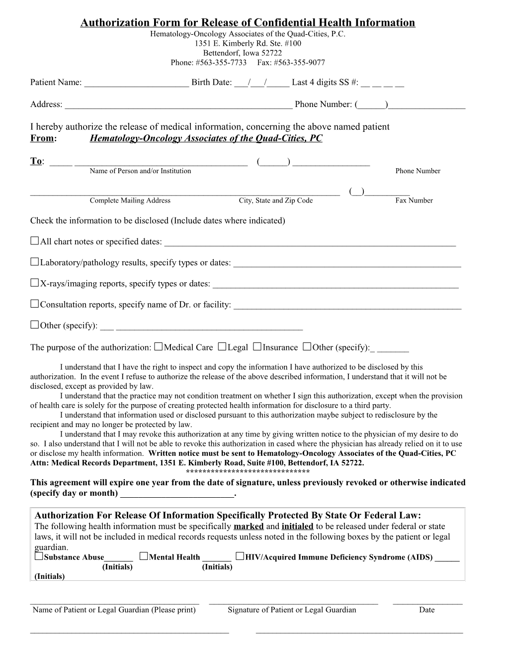 Authorization Form for Release of Confidential Health Information