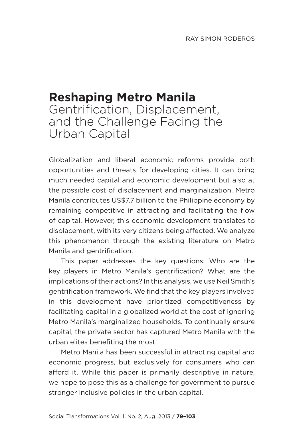 Reshaping Metro Manila Gentrification, Displacement, and the Challenge Facing the Urban Capital