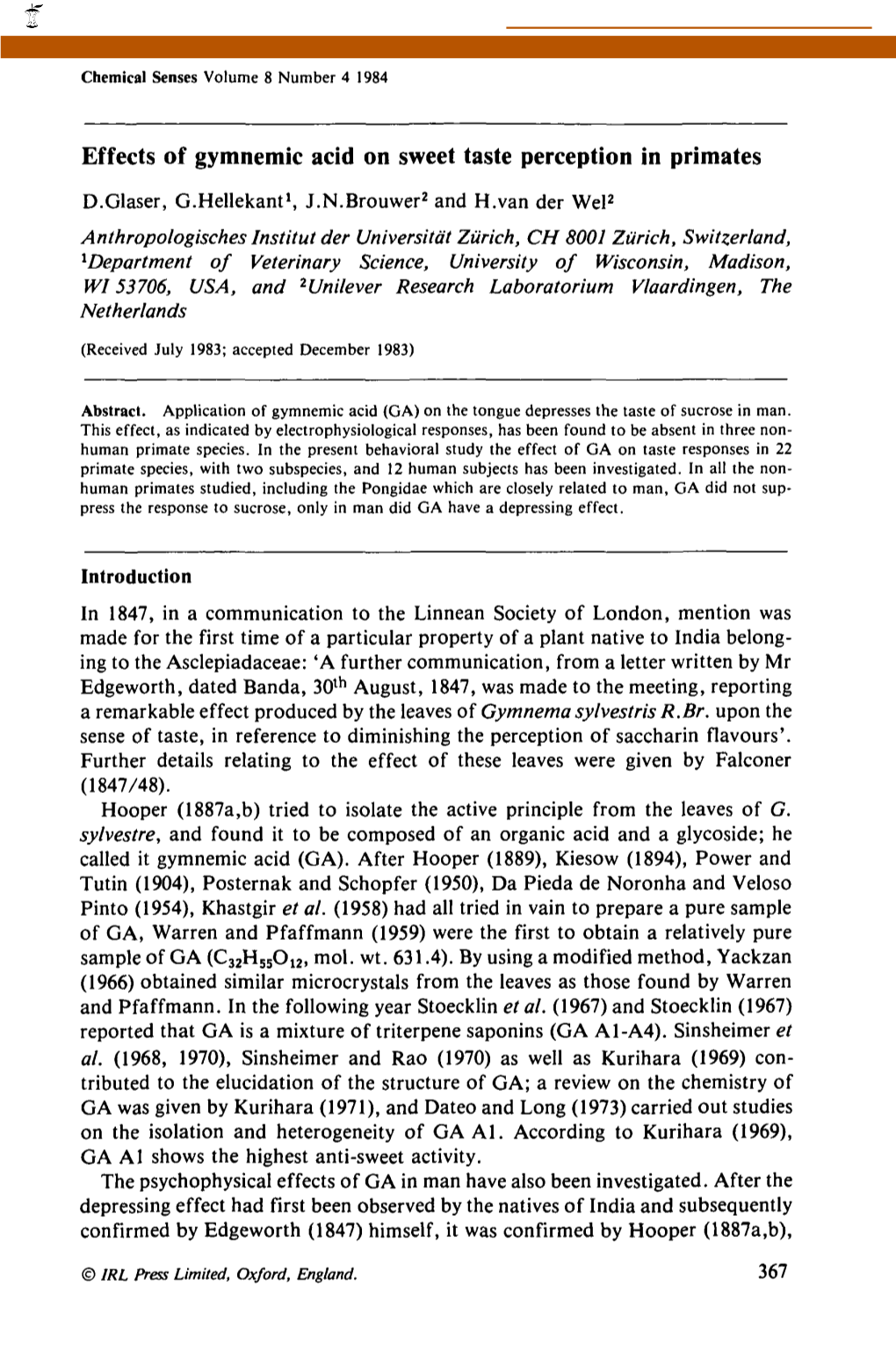 Effects of Gymnemic Acid on Sweet Taste Perception in Primates