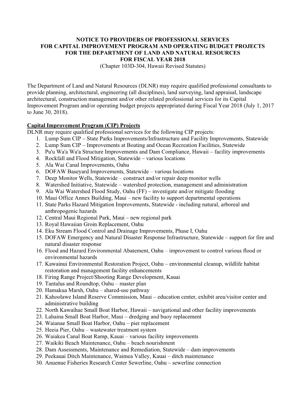 Notice to Providers of Professional Services for Capital Improvement Program and Operating Budget Projects for the Department O