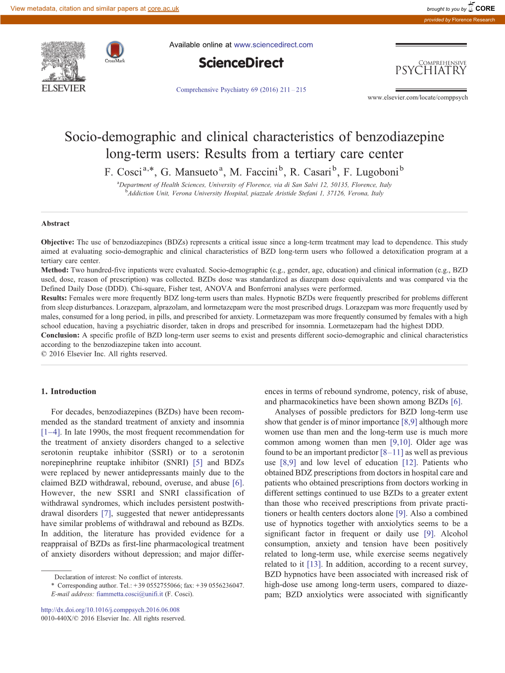 Socio-Demographic and Clinical Characteristics of Benzodiazepine Long-Term Users: Results from a Tertiary Care Center ⁎ F