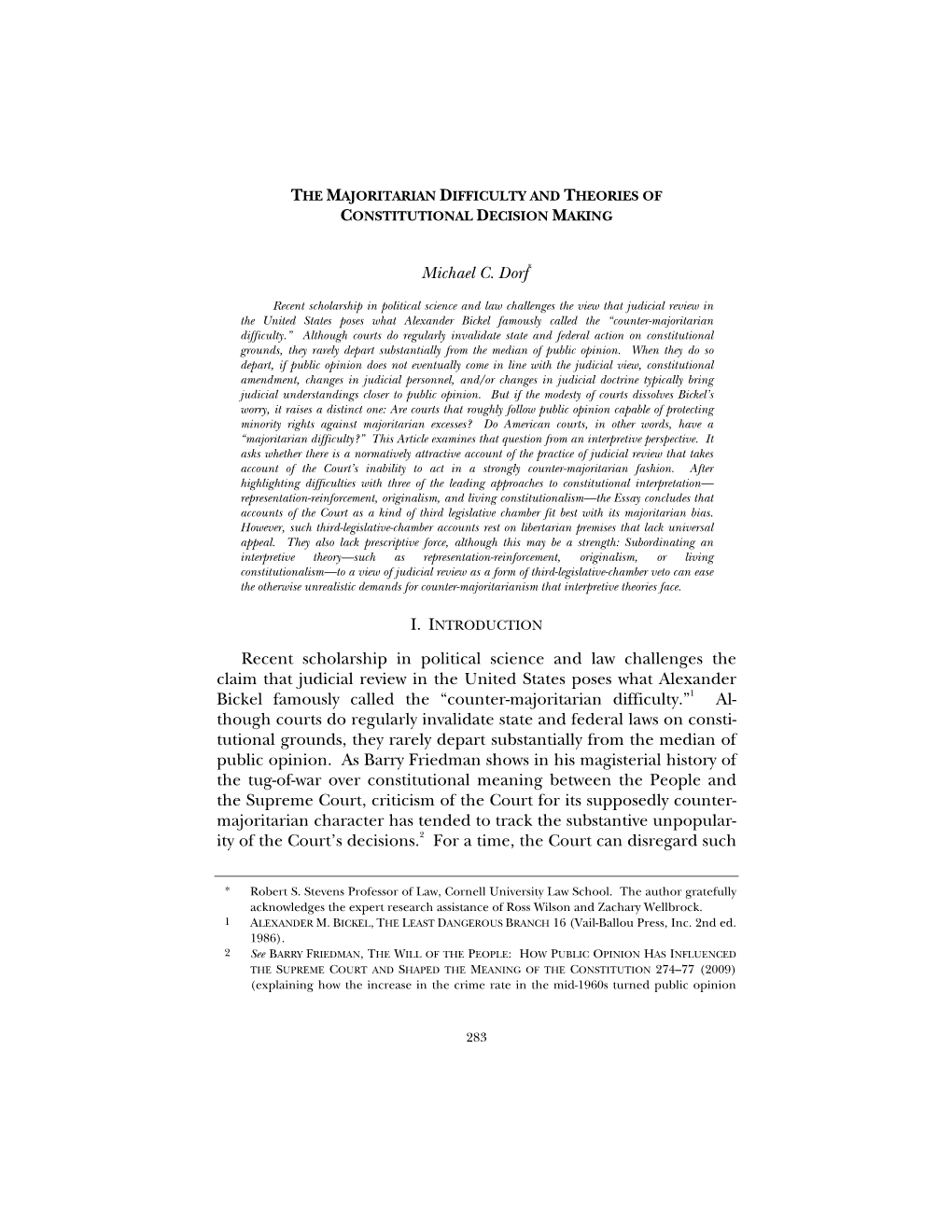 The Majoritarian Difficulty and Theories of Constitutional Decision Making