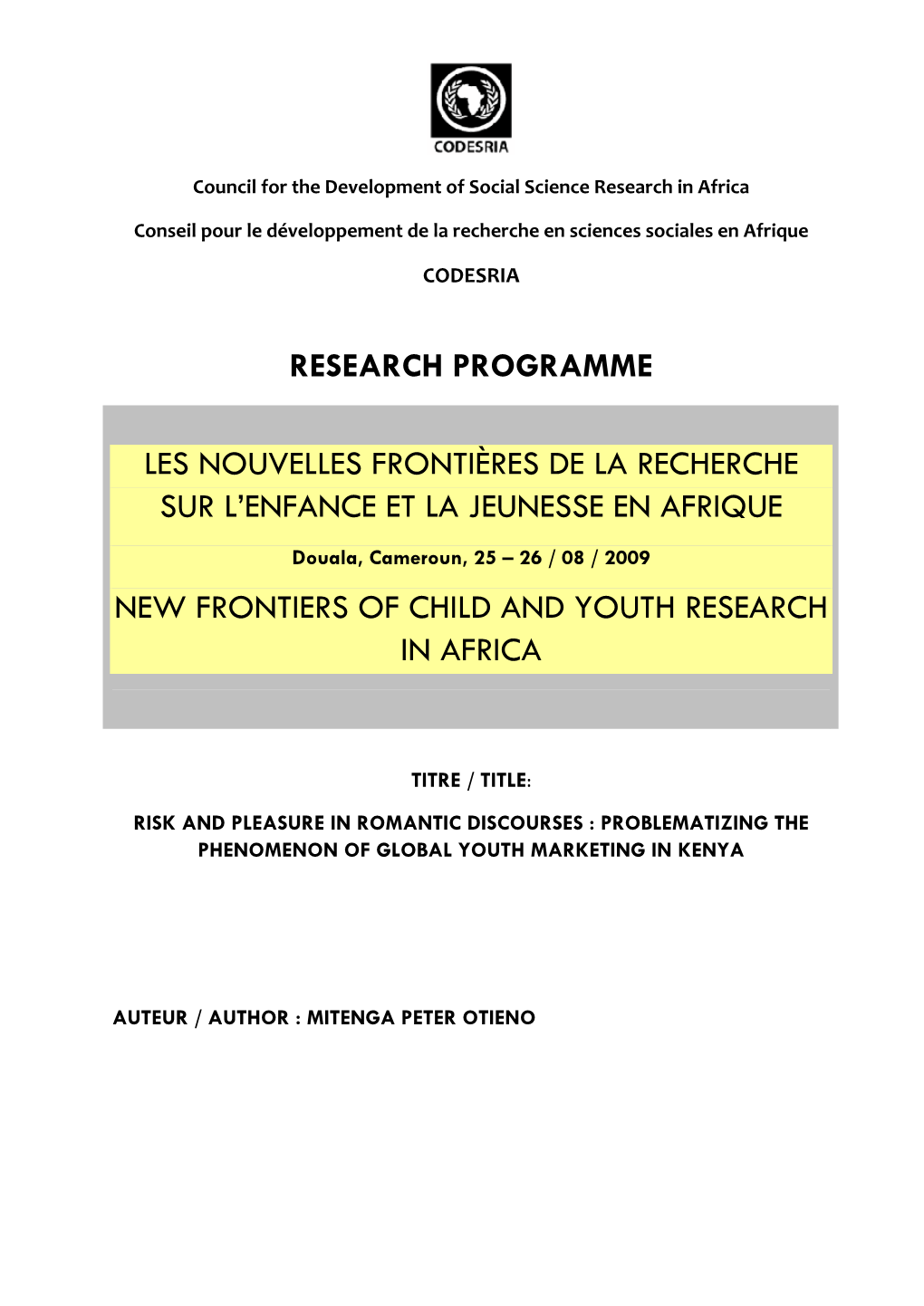 Research Programme Les Nouvelles Frontières De La