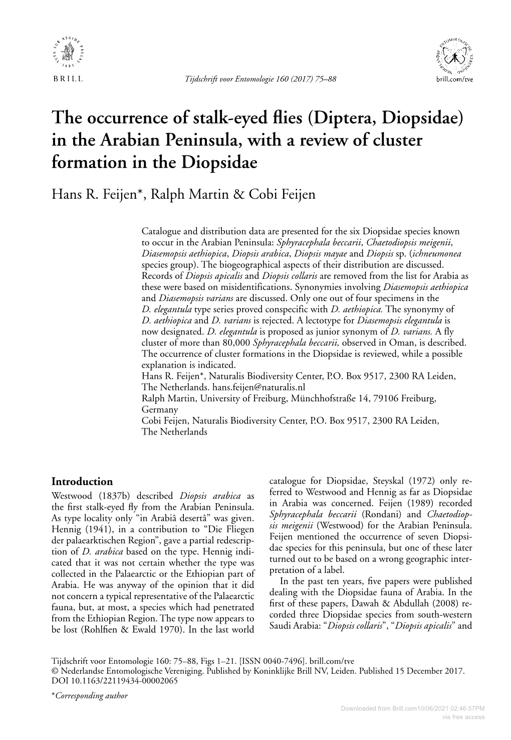 The Occurrence of Stalk-Eyed Flies (Diptera, Diopsidae) in the Arabian Peninsula, with a Review of Cluster Formation in the Diopsidae Hans R