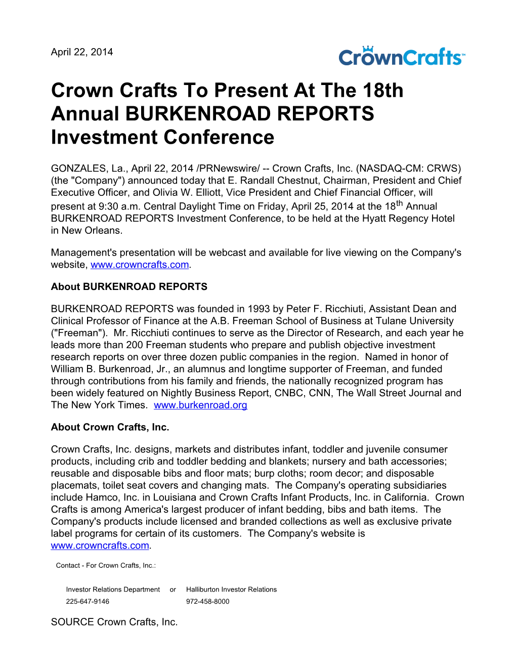 Crown Crafts to Present at the 18Th Annual BURKENROAD REPORTS Investment Conference