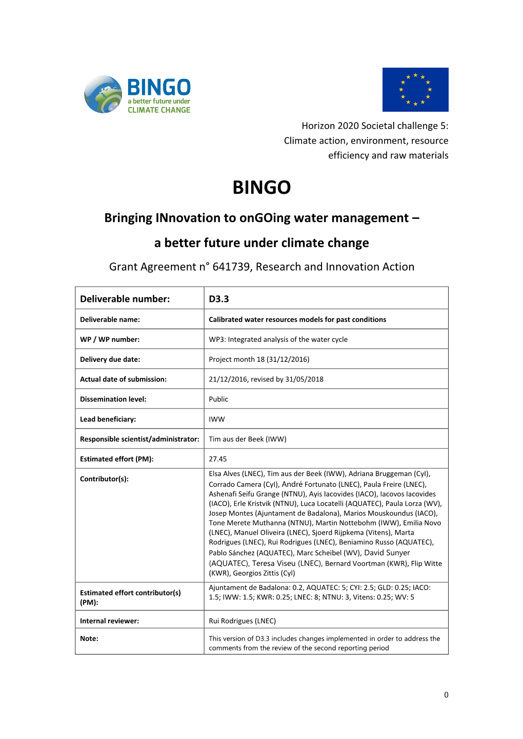 Bringing Innovation to Ongoing Water Management – a Better Future Under Climate Change Grant Agreement N° 641739, Research and Innovation Action